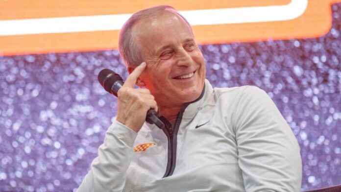 KNOXVILLE, TN - April 20, 2023 - Head Coach Rick Barnes of the Tennessee Volunteers during Big Orange Caravan on the Robert E. White indoor field in the Anderson Training Center in Knoxville, TN. Photo By Kate Luffman/Tennessee Athletics
